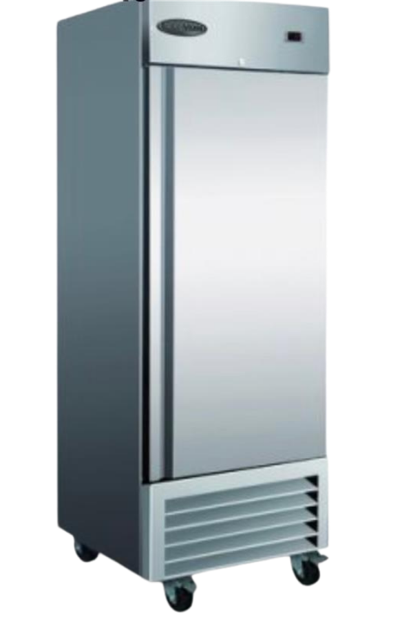 A tall, stainless steel, single-door commercial refrigerator on casters with a top-mounted digital display.