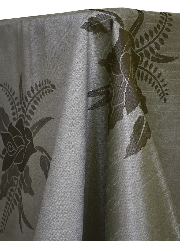 Gray tablecloth with dark floral pattern.