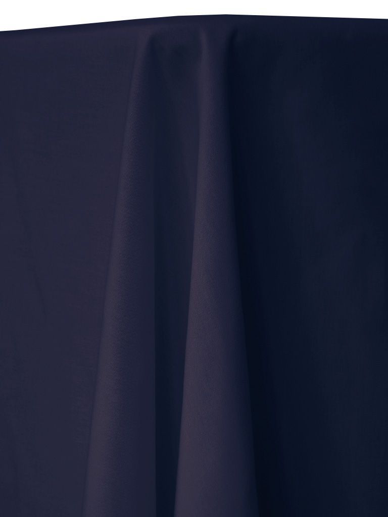 Navy blue draped tablecloth.