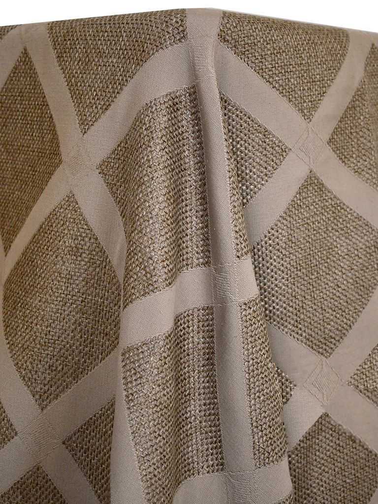 Beige tablecloth with diamond pattern, folds visible.