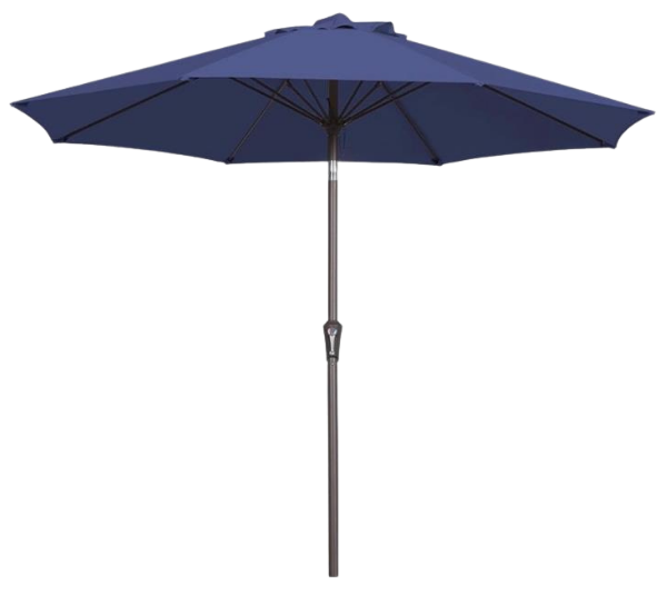 A dark blue patio umbrella with a grey metal pole, centered against a plain white background. 