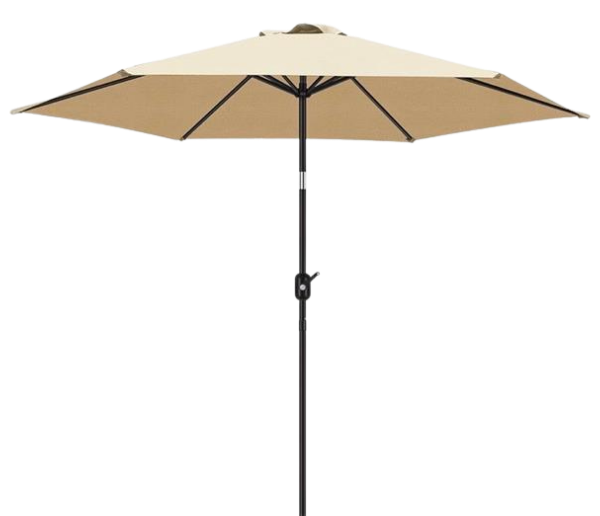 A tan patio umbrella with a black pole, centered against a white background. 