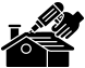 A black icon showing a hand using a screwdriver to perform work on the roof of a house.