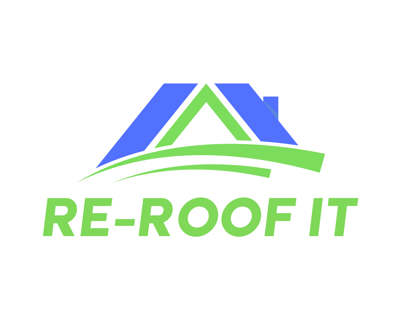 Logo for Re-Roof It, LLC featuring a dark blue stylized roof icon over a curved line on a light green background.
