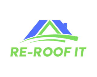 Logo for Re-Roof It, LLC featuring a dark blue stylized roof icon over a curved line on a light green background.