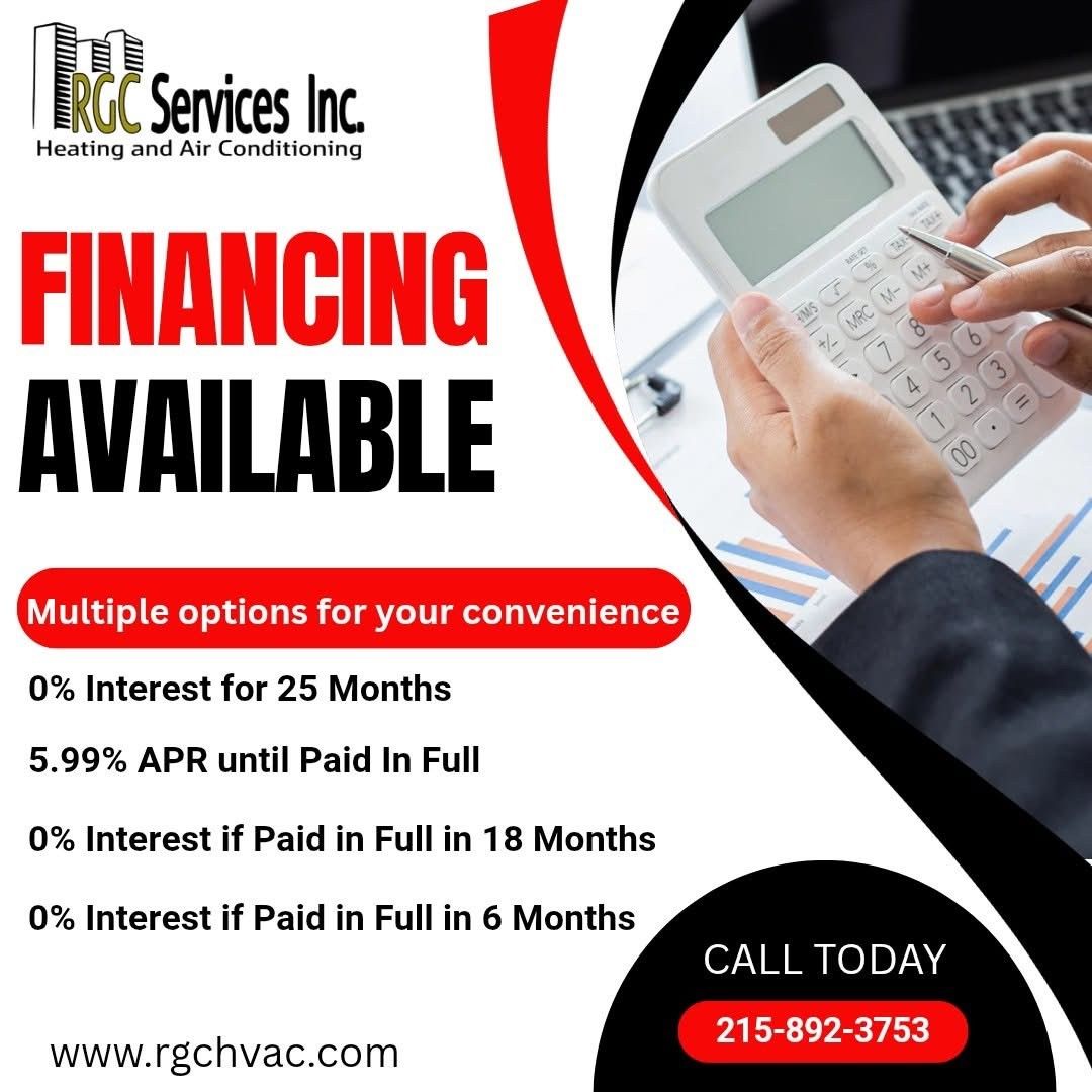 Advertisement for RGCH Services Inc. offering HVAC financing options: 0% interest, various terms, calculator in hand, phone number provided.