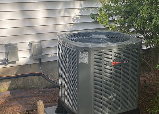 Outdoor Trane air conditioning unit next to a white house with green foliage.