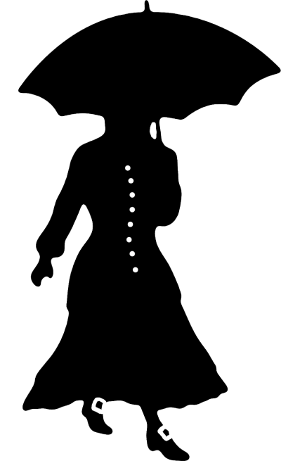A silhouette of a woman holding an umbrella in the rain.