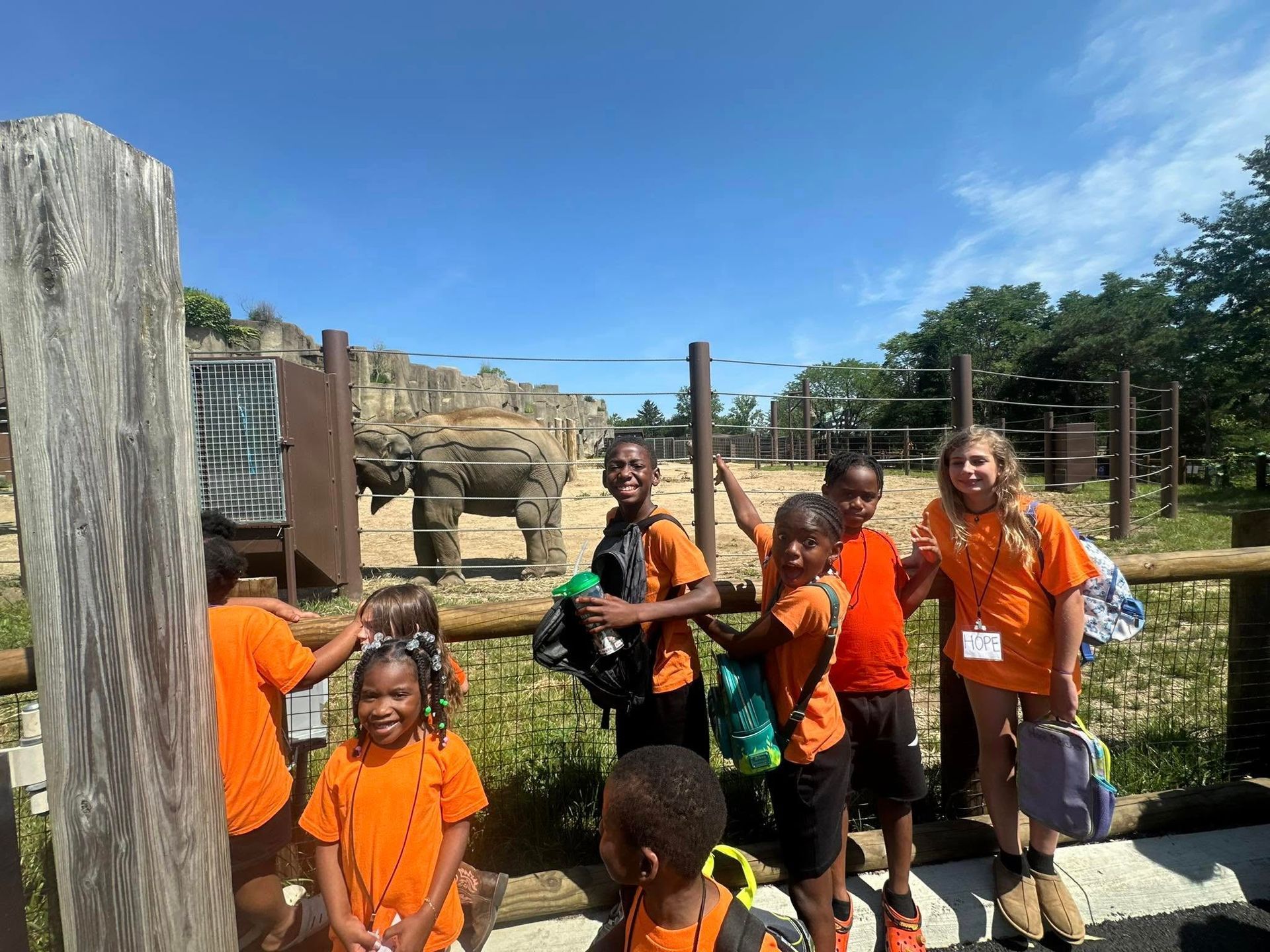Children in orange shirts at a zoo, smiling at elephant in the background.