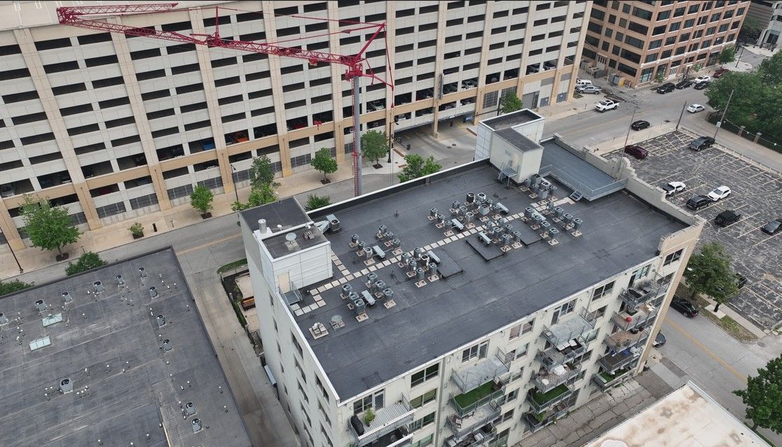 EPDM roofing system on apartment building in downtown Des Moines, IA