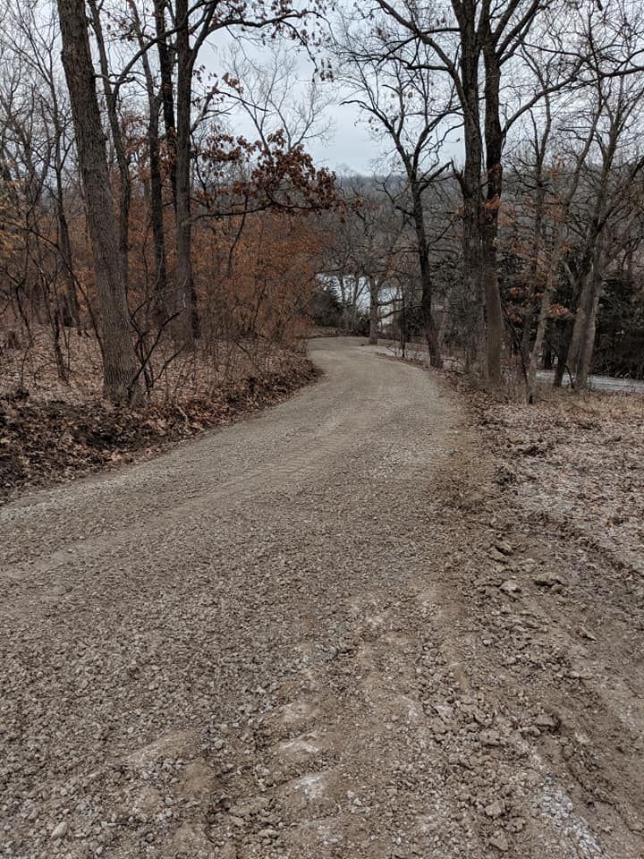 A dirt road going through a forest with trees on both sides.