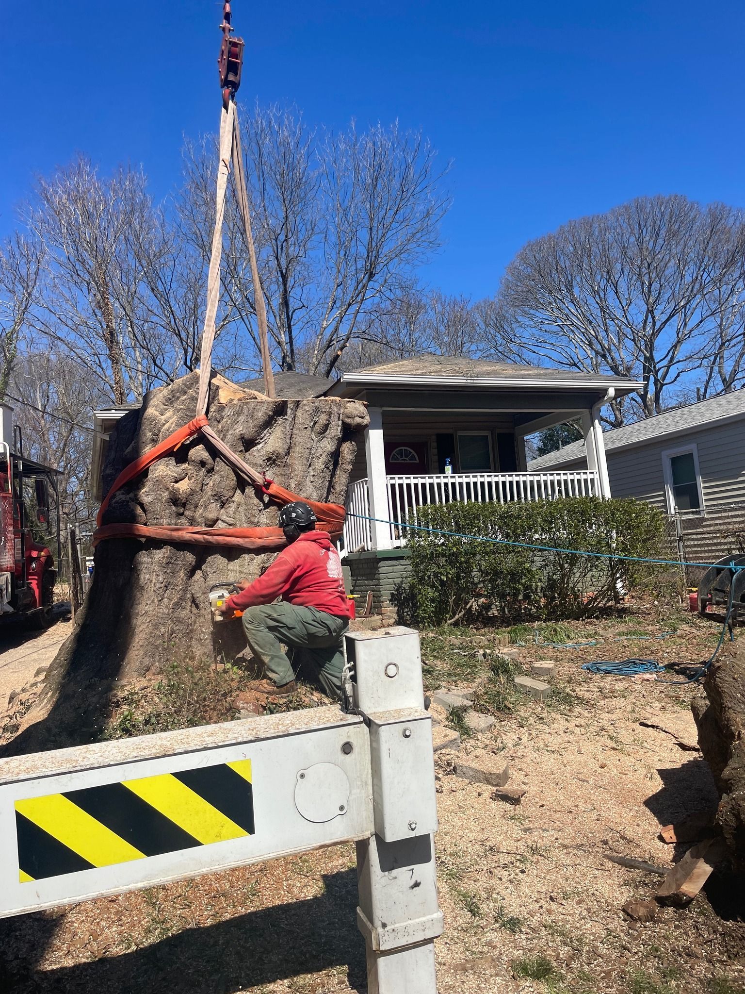 A man is kneeling down next to a large tree stump in front of a house.
