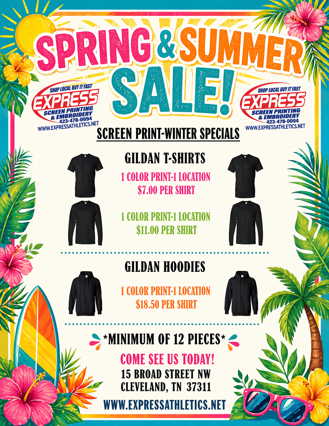 Spring and Summer sale flyer for screen-printed tees, hoodies, and joggers with tropical palm border.
