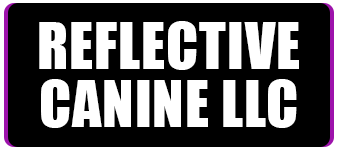 White “REFLECTIVE CANINE LLC” text on a black sign with a purple border