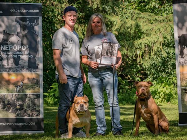 Two people posing outdoors with two dogs, holding a framed award or certificate between them.