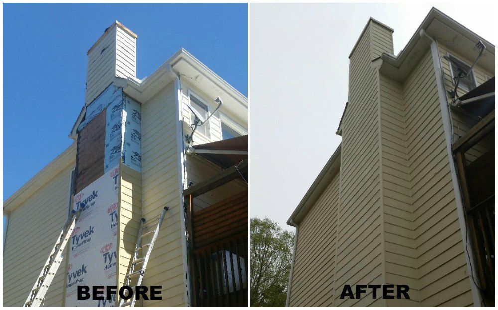 Before and after shots of a house chimney being repaired; before shows exposed wall. After shot reveals completed repair.