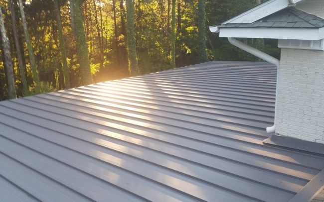 Gray metal roof with a white gutter and chimney. Sunlight illuminates a forest background.