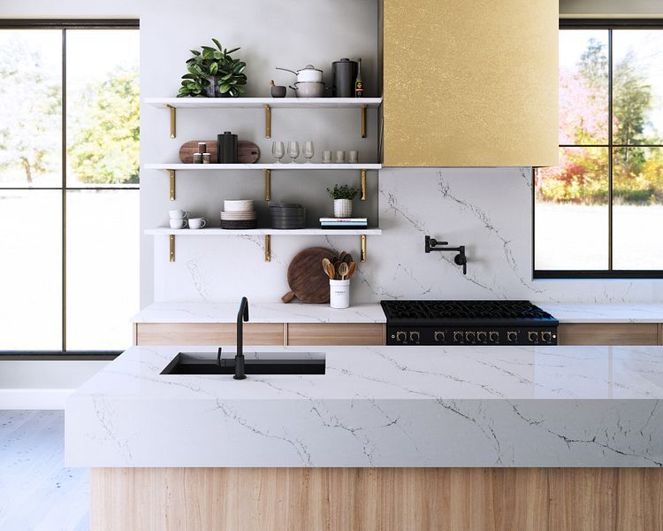 A kitchen with a sink , stove , and shelves.