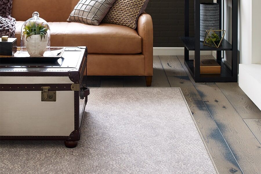 A living room with a couch , coffee table and rug