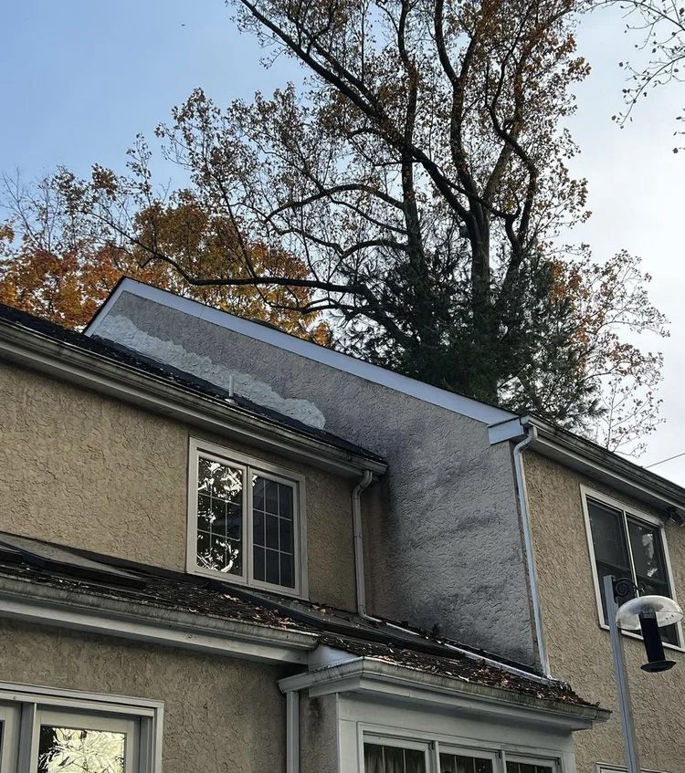Exterior of a two-story beige house with a detached section. Large tree in background, blue sky.