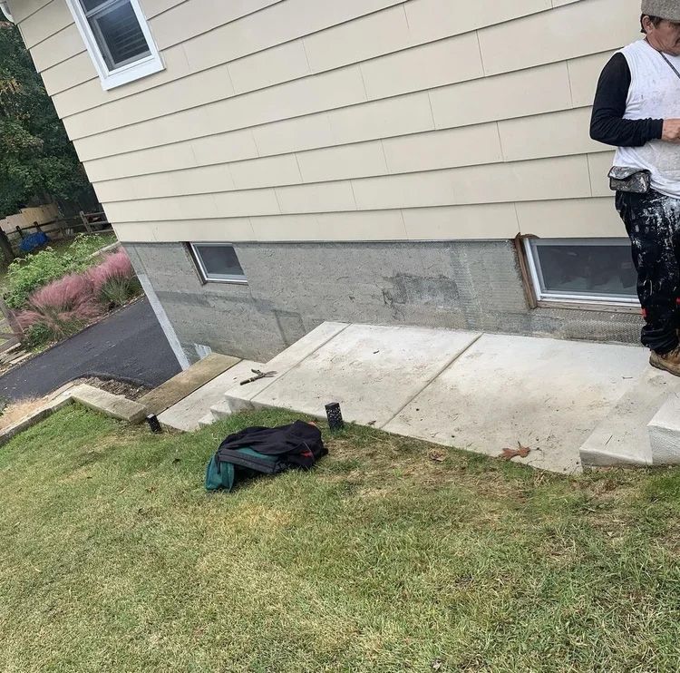 Person standing near a house with concrete foundation and steps leading down a grassy slope.
