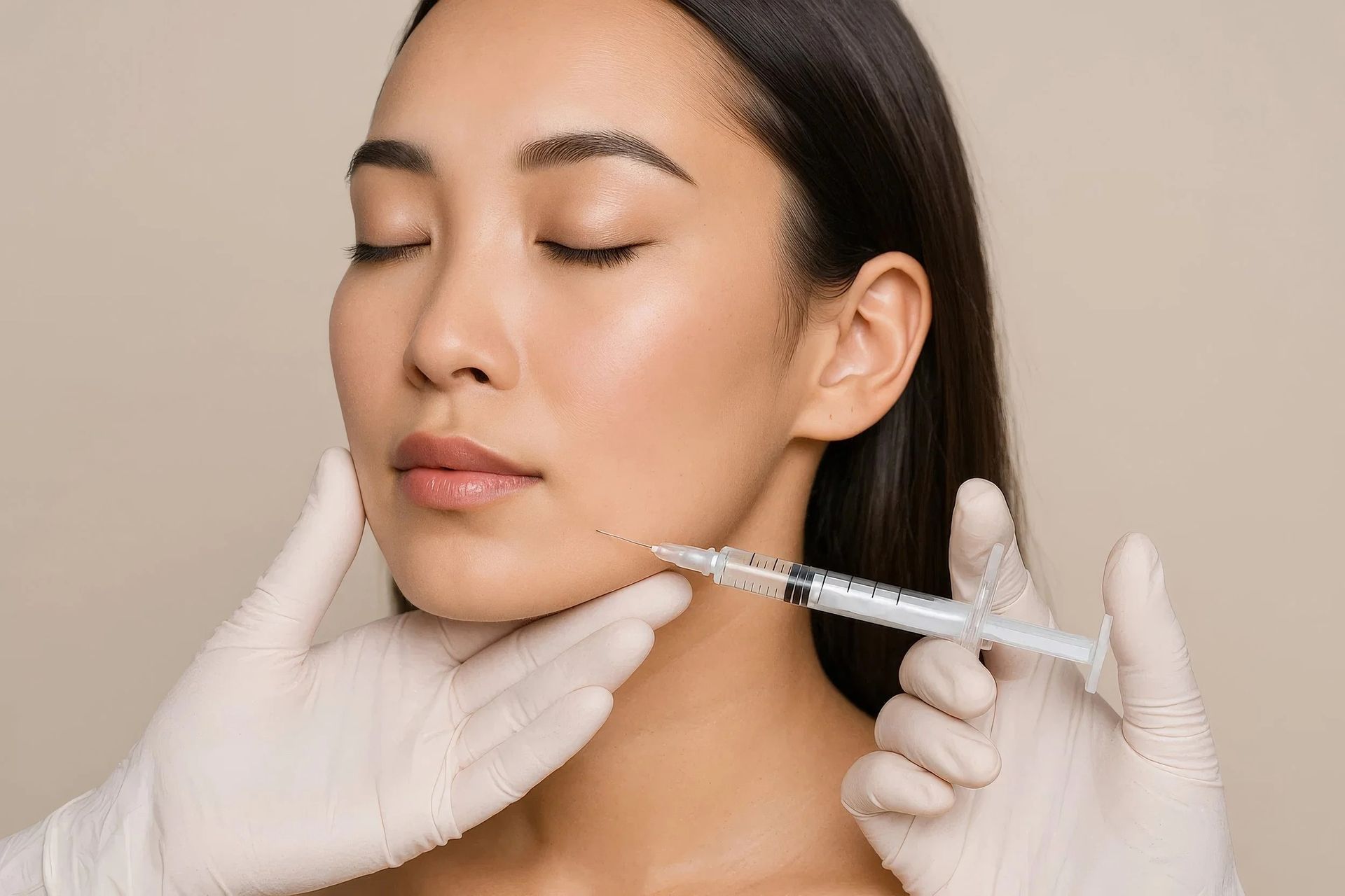 Gloved hands inject a woman’s jawline with a syringe in a clinical beauty procedure