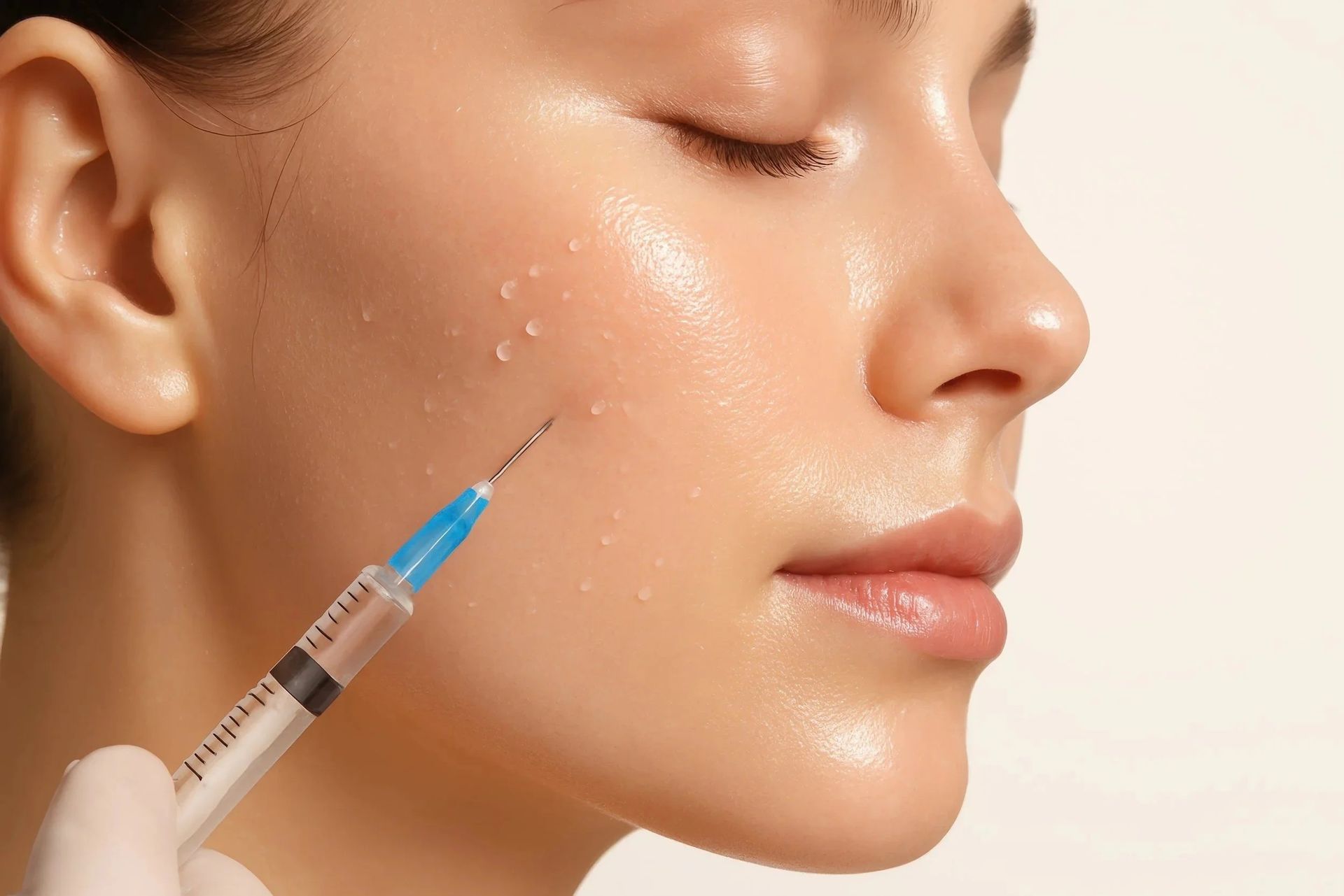Close-up of a person’s cheek with a syringe injecting clear serum into the skin