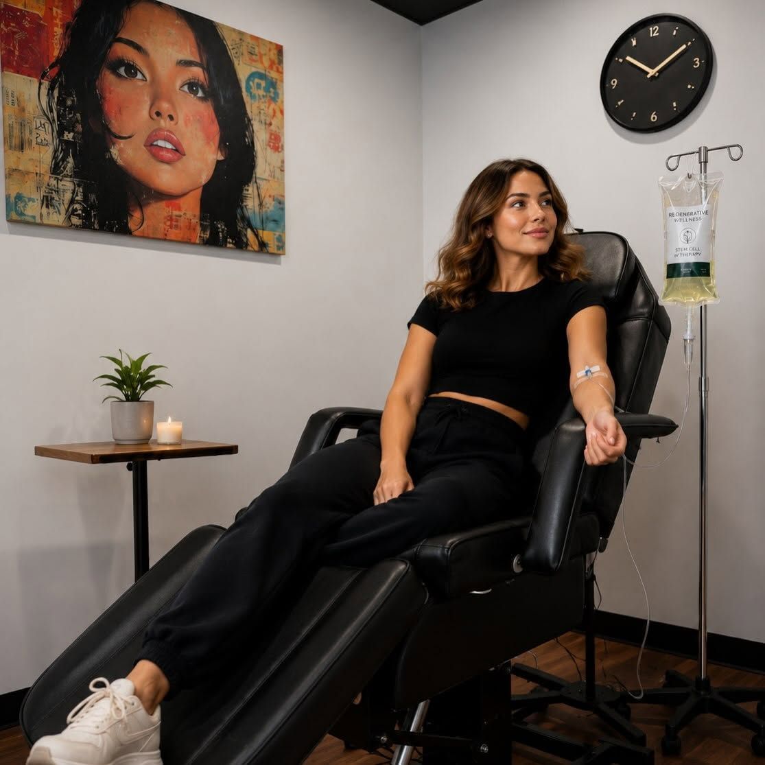 Person reclining in a black salon chair, with wall art, clock, and IV stand in a spa-like room.