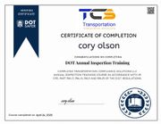 A certificate of completion for cory olson for dot animal inspection training.