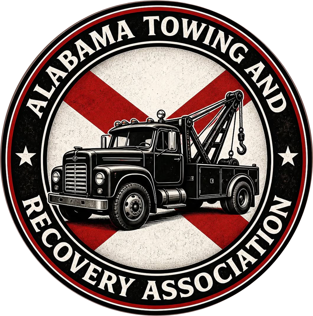 Logo of Alabama Towing and Recovery Association with tow truck over Alabama state flag