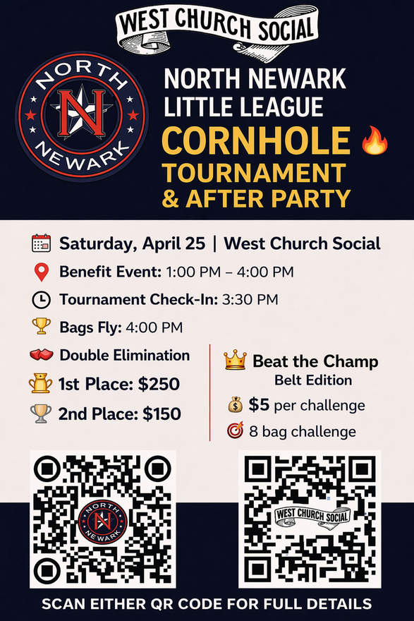 Cornhole tournament flyer for North Newark Little League and West Church Social, April 25, 2026.