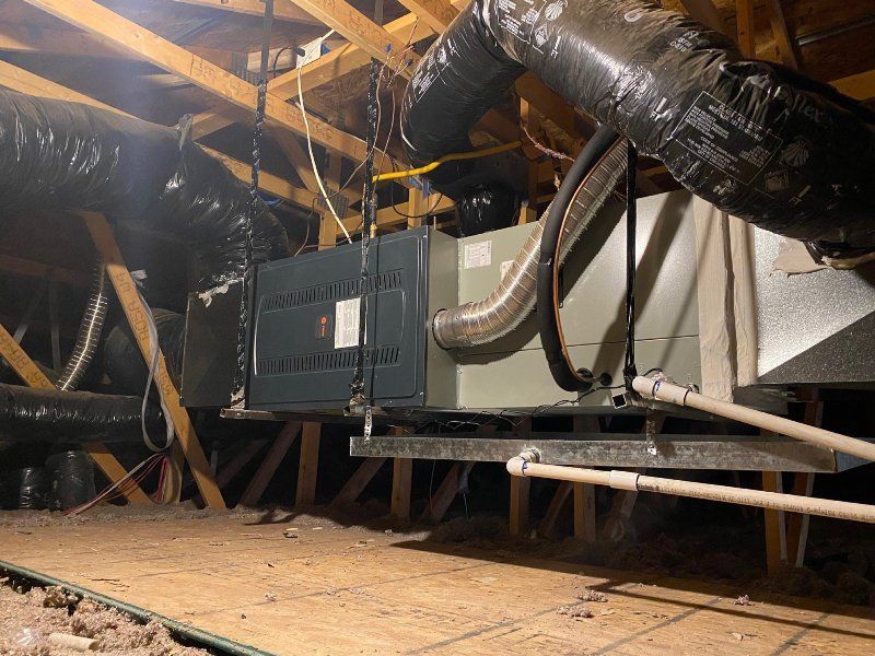 A room with a lot of pipes hanging from the ceiling.