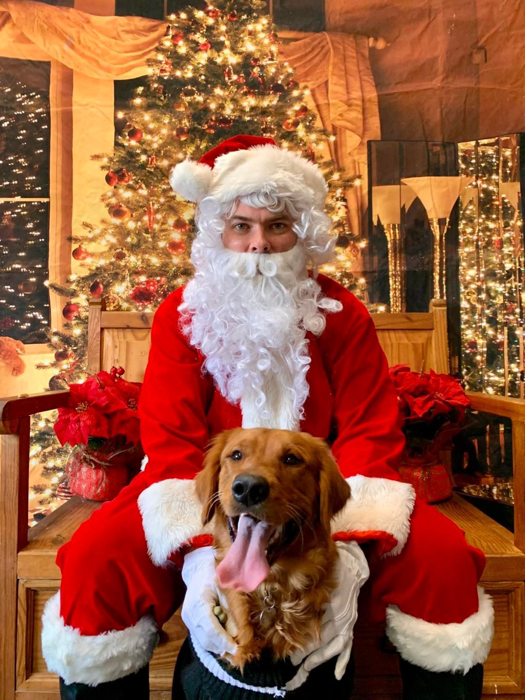 A man dressed as santa claus is holding a dog on his lap