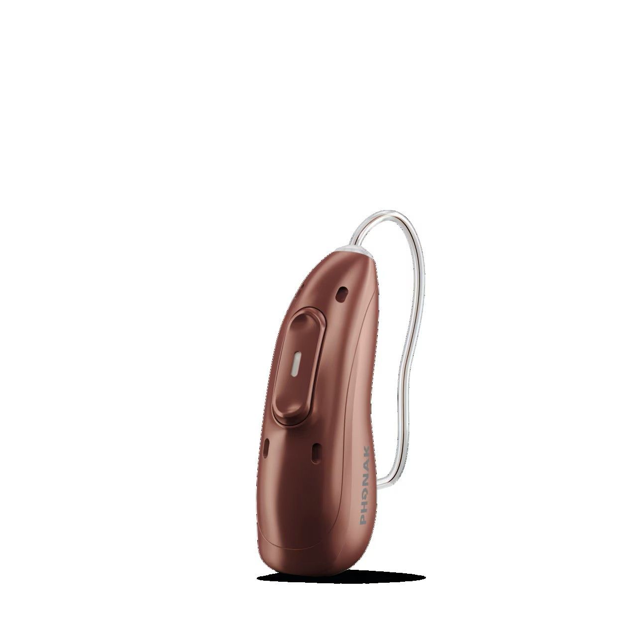 Copper behind-the-ear hearing aid with clear tube on a white background