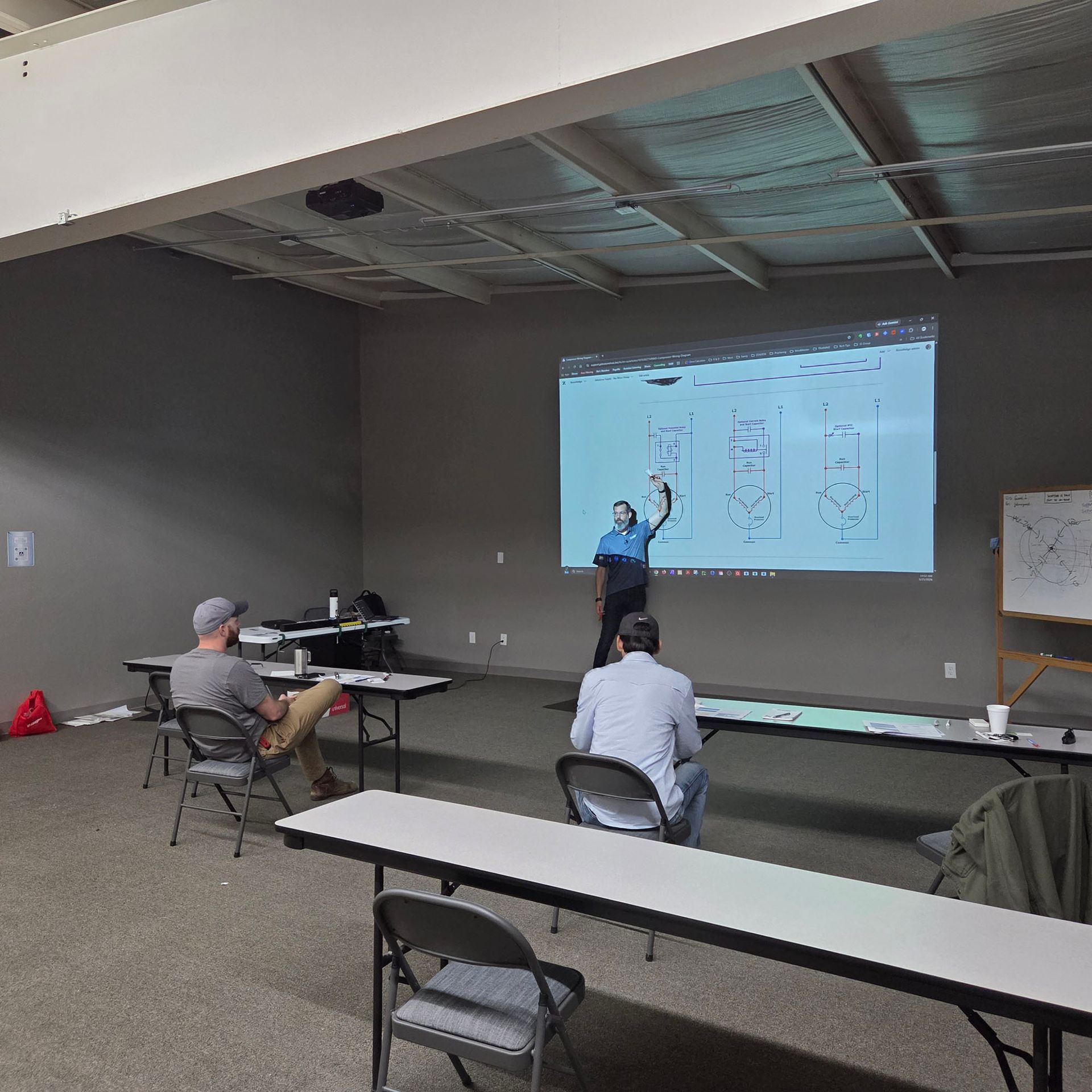 Classroom presentation with projected slides and three seated attendees