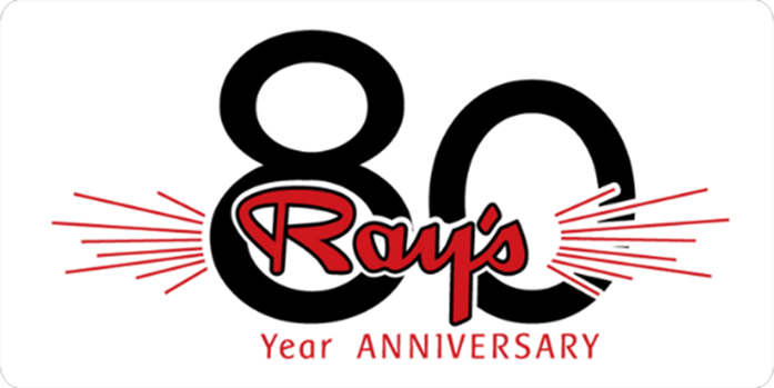 80th anniversary logo for Ray’s in black, red, and white with radiating lines