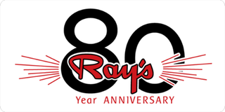 80th anniversary logo for Ray’s in black, red, and white with radiating lines