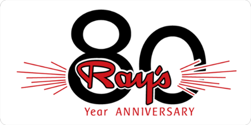 80th anniversary logo for Ray’s in black, red, and white with radiating lines