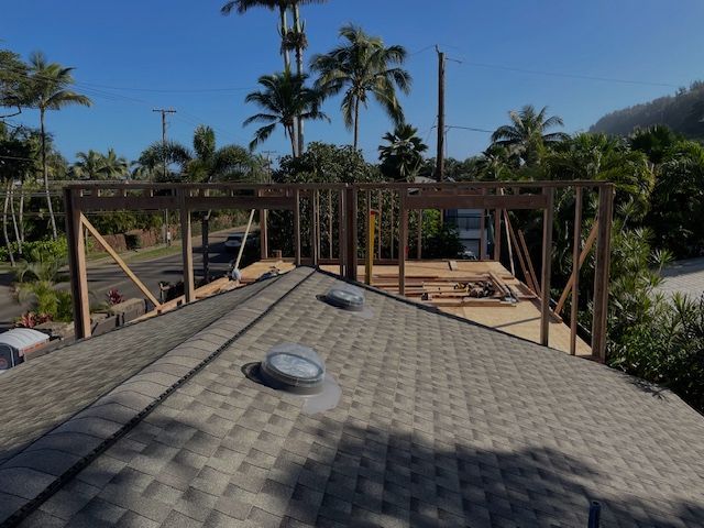 A roof with a few skylights on it and palm trees in the background