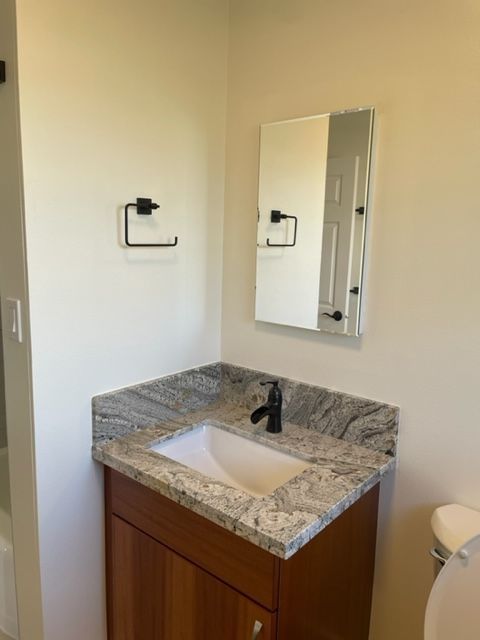 A bathroom with a sink a toilet and a mirror