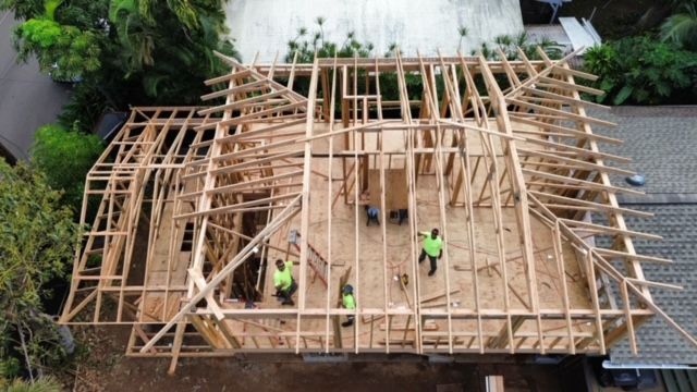 An aerial view of a house under construction