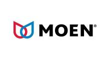 The moen logo is red , blue , and black on a white background.