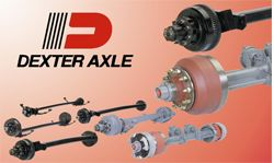 A dexter axle logo with a bunch of axles on a red background.