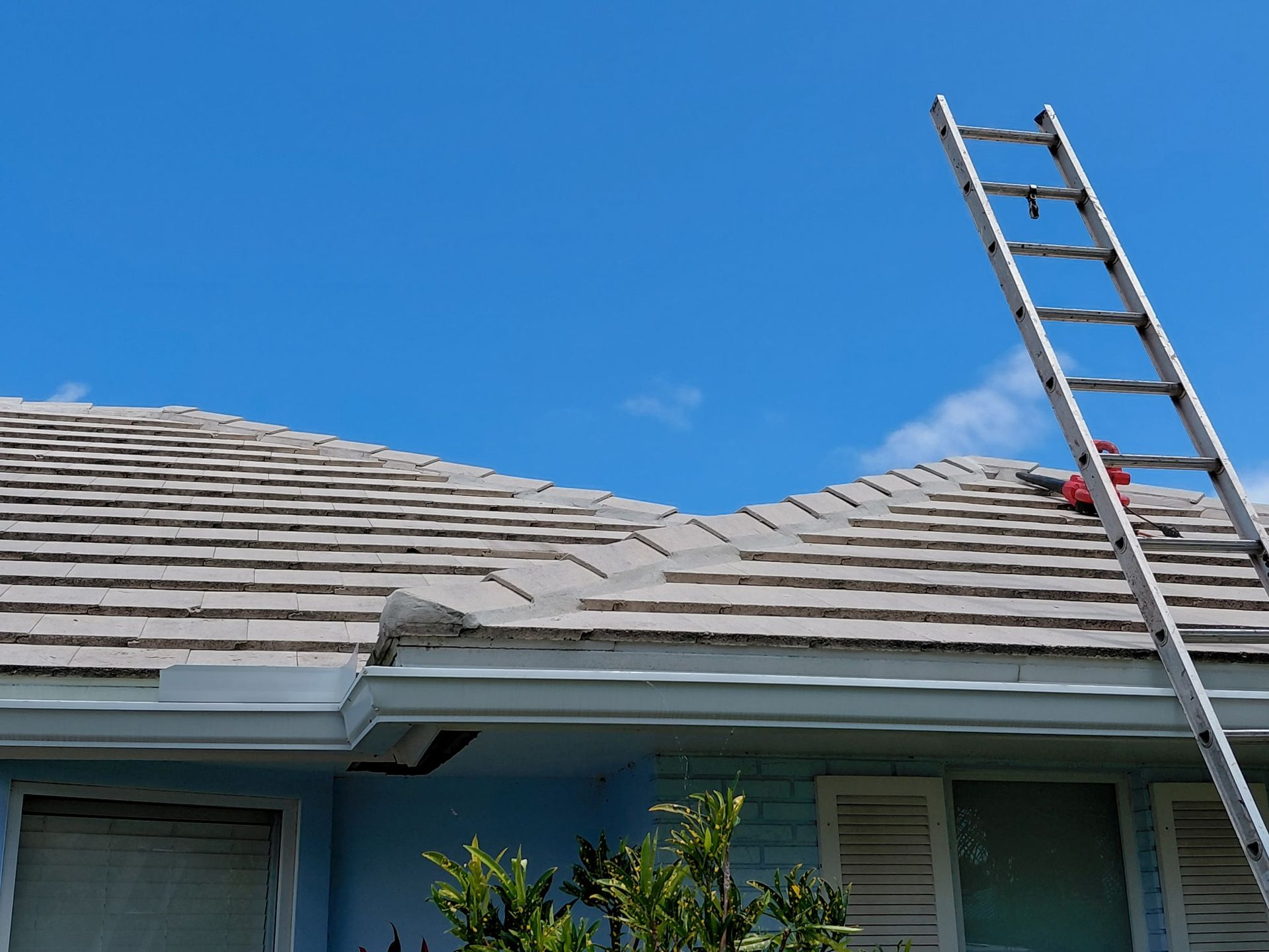 Ladder leaning against a gray shingled roof under a clear blue sky