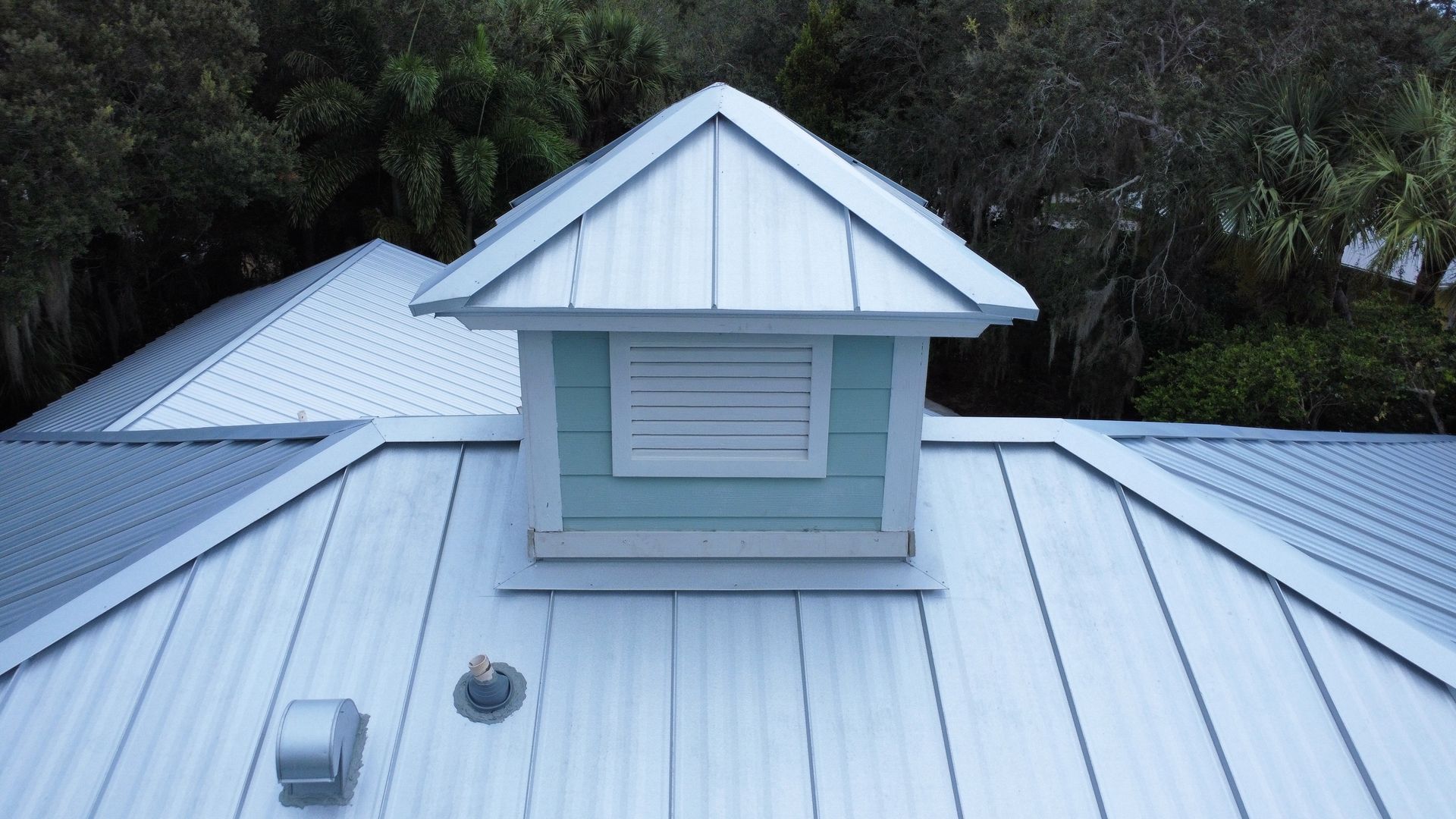 White metal roof with a small dormer vent, seen from above against surrounding trees