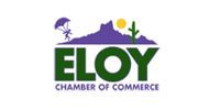 ELOY Chamber of Commerce logo with green text, purple mountain, cactus, sun, and umbrella