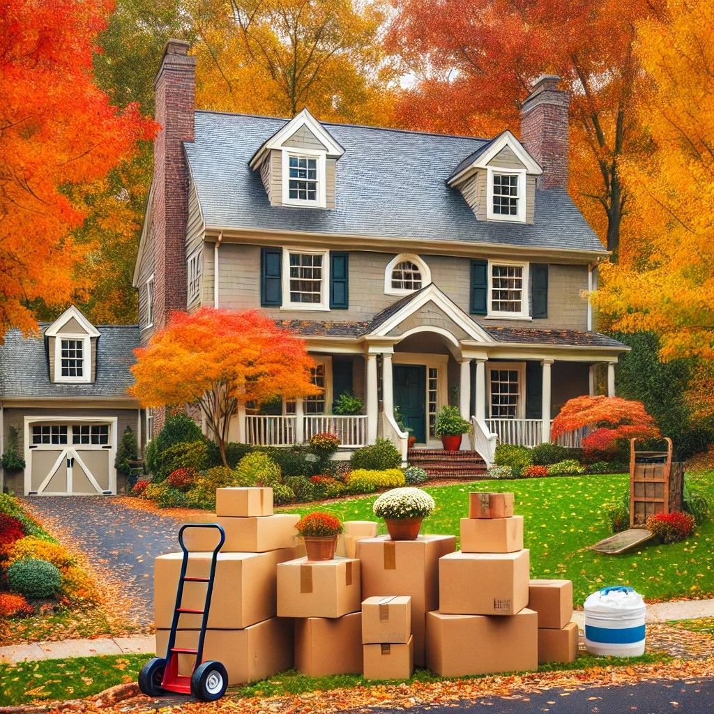 Suburban home in Montgomery County, PA, in autumn with moving boxes near the door.