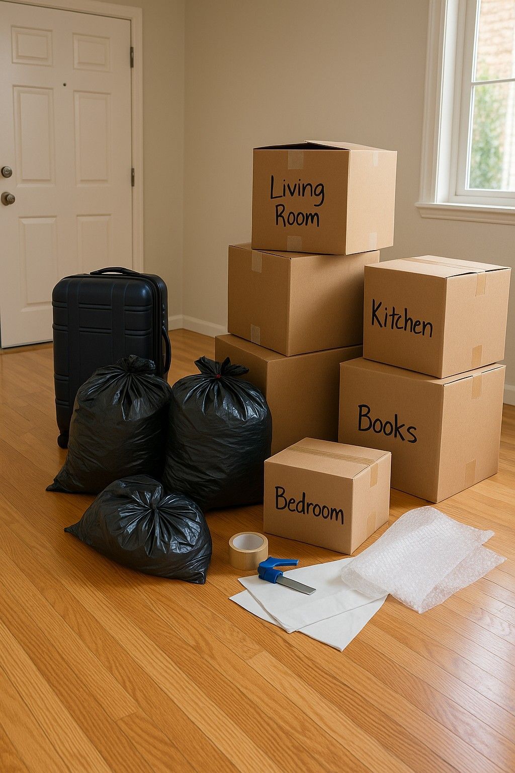 Packed boxes, suitcase, and moving supplies in front of door in bright room.