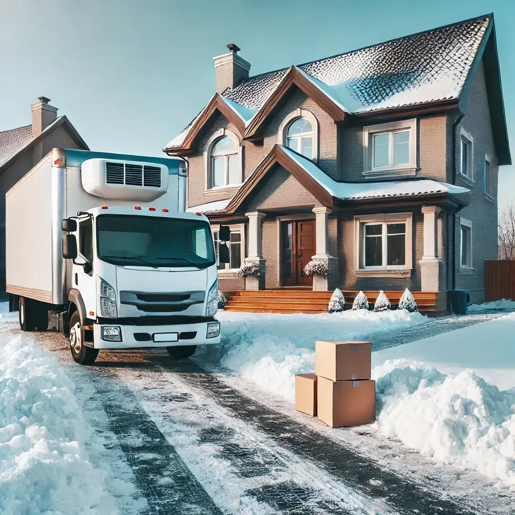 Moving truck parked outside a snow-covered residential home with a clear, shoveled driveway.







