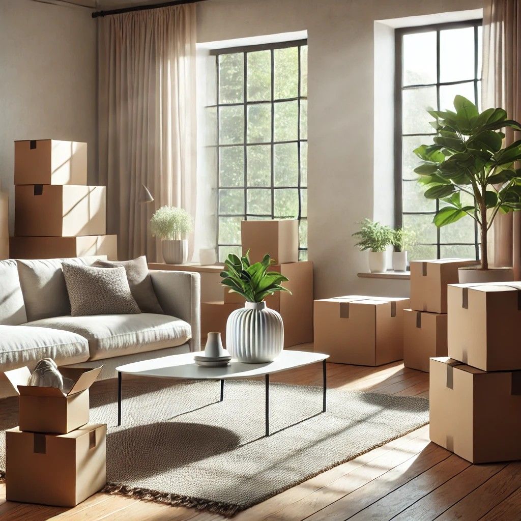 Clean living room with stacked moving boxes, sunlight streaming through windows, and a potted plant.